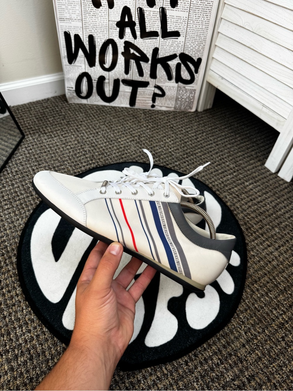 Bikkembergs Men’s White Leather Low Top Sneakers Striped EU 46 Made in Italy